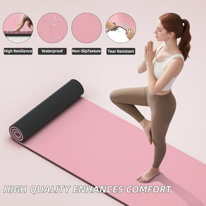ILILI Extra Long Yoga Mat 10mm (76"x28") - Extra Thick TPE Non-Slip Exercise Mat, Eco-Friendly Double Color Workout Mat for Yoga/Pilates/Home Gym, with Carrying Strap - color: Pink+Black