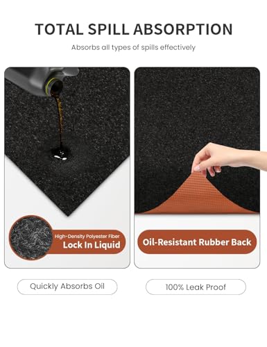 Heavy Duty Oil Spill Mat, Garage Floor Mat, 59" x 70" Waterproof Rubber Backing Oil Absorbent Pads, 1/5" Thick Reusable Under Auto Repair Mat for Garage Floor Surface Protection-Black - size: 4' 11" x 5' 10" (Extra Large)