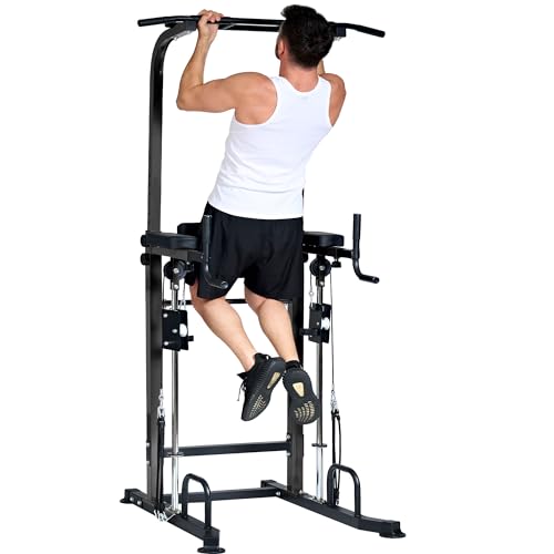 soges Power Tower Pull Up Bar Station, Height Adjustable Multi-Function Dip Station with Assisted Pad for Home Gym, 330Lbs Capacity Full Body Strength Training Workout Equipment for Beginners & Pros