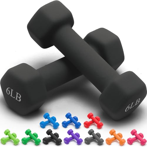Portzon Dumbbells Neoprene with Non Slip Grip weight for Total Body Workout Exercise and Muscle Toning Compatible with of 2 Set,1-15 LB, Anti-Slip, Anti-roll, Hex Shape - color: Black, size: 06-Pound,Pair