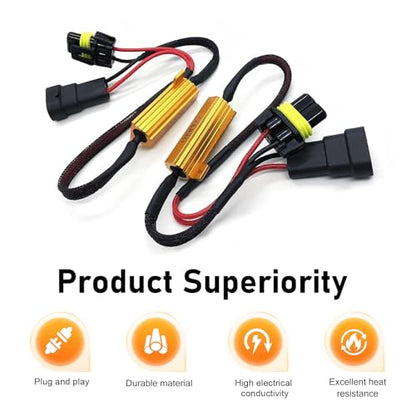 2 PCS LED Load Resistor Kit, 9005/9006 LED Light Bulb Decoder, Anti Flicker Wiring Harness, Universal for Most Cars, Trucks, SUVs (Black)