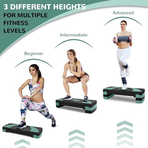 Fitvids Step Aerobic Platform, Exercise Step with levels Adjustable Height, Stackable Risers, Fitness Training Workout Stepper for Home Gym, Cardio Strength - color: Green Jasper
