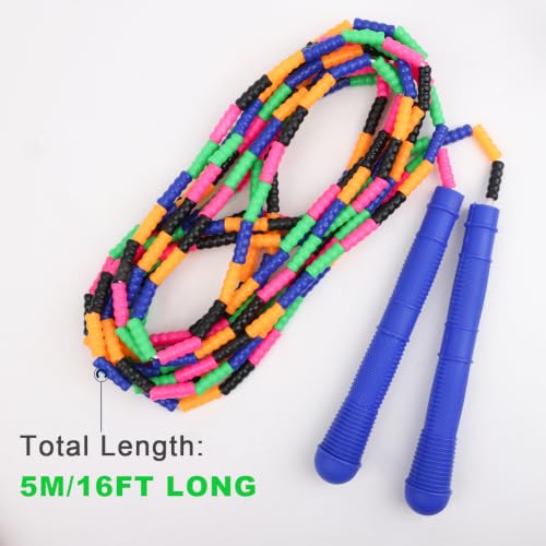 Coolrunner 16 FT Long Jump Rope(1 PACK), Double Dutch Jump Ropes, Soft Beaded Skipping for Kids Adults, Plastic Segmented Long Enough for 4-5 Jumpers - color: Blue
