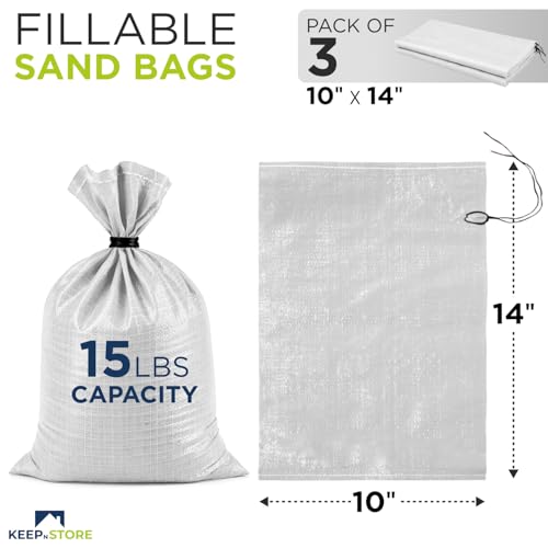 Heavy Duty Sand Bags Pack of 3, White Empty Sandbags with Built-In Ties, Woven Polypropylene UV Protection 1600 Hours, Fillable Sand Bags for Flood Control, Weight, 10x14 inches, 15 Pounds Volume