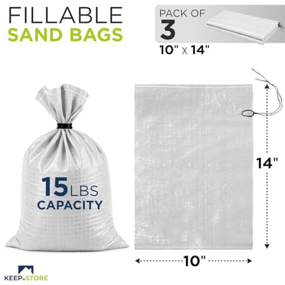 Heavy Duty Sand Bags Pack of 3, White Empty Sandbags with Built-In Ties, Woven Polypropylene UV Protection 1600 Hours, Fillable Sand Bags for Flood Control, Weight, 10x14 inches, 15 Pounds Volume