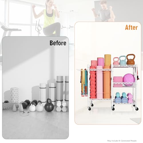 FUTASSI Home Gym Storage, 3 Tiers Workout Equipment Organizer with Wheels for Yoga Mats, Foam Roller, Dumbbells, Kettlebells, and Resistance Bands