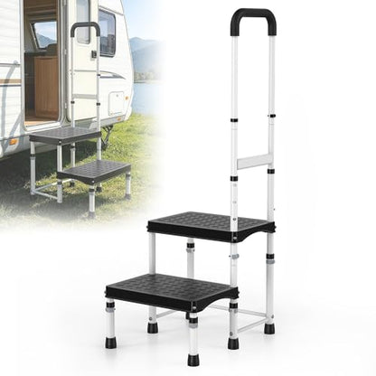 RV Step Stool with Handle for Elderly,2 Step Ladder with Handrail, Reinforced PP Wide Platform, Adjustable Height, Portable Stairs for Hot Tub/Camper/Mobile Home/Porch/SPA Pool/Pet Stairs - size: 2 Steps-Adjustable Height