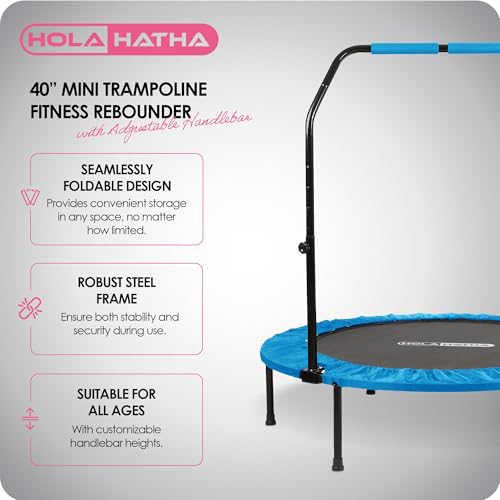 Foldable Mini Trampoline Home Gym Fitness Rebounder with 5 Level Adjustable Handle, Supportive 440 lb Capacity Workout Equipment, 40", Blue