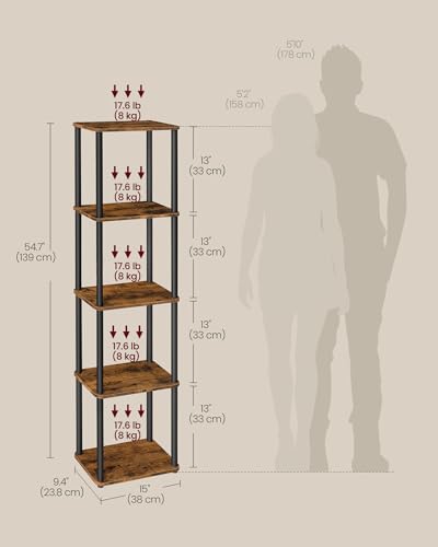 VASAGLE 5-Tier Shelf, Storage Shelves, Bookcase with Shelves, Living Room - color: Rustic Brown + Ink Black, size: 5 Tiers (15"W)