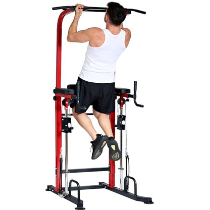 soges Power Tower Dip Station with Assisted Pad, Height Adjustable Pull Up Bar Station for Home Gym, Multi-Function Strength Training Full Body Workout Equipment, 330 Lbs, Red