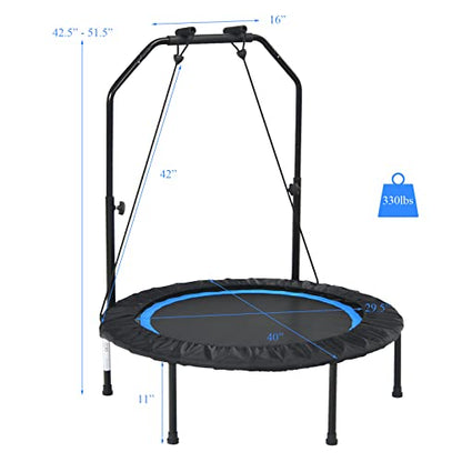 GYMAX Rebounder Trampoline for Adults, 40” Mini Exercise Trampoline with Height Adjustable Bar & Resistance Bands, 330LBS Foldable Workout Trampoline, Small Fitness Trampoline Indoor/Outdoor