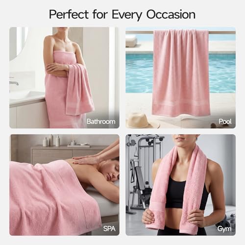 ecolook 2 Pack 100% Cotton Bath Towels, 28 x 55 Inches, Soft | Lightweight, Highly Absorbent & Quick Dry Body Towels for Bathroom, Shower, Gym & Daily Use, Pink - color: Pink