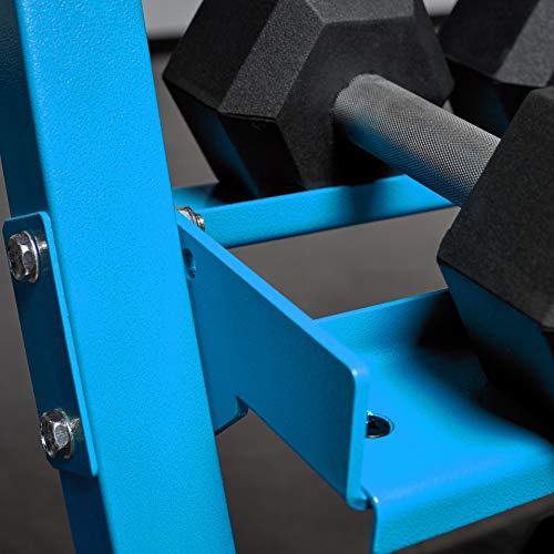 REP Fitness Rubber Hex Dumbbell Set, Adjustable Weight Pairs, Home Gym Equipment, Strength Training For Men Women, Black Coated Grips, Workout Rack Storage Optional, Heavy Lb Free Weights - style: 5-50 lb set Blue rack