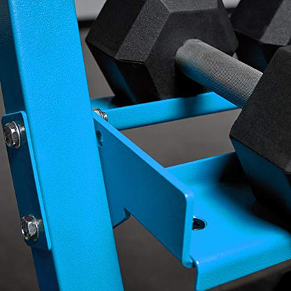 REP Fitness Rubber Hex Dumbbell Set, Adjustable Weight Pairs, Home Gym Equipment, Strength Training For Men Women, Black Coated Grips, Workout Rack Storage Optional, Heavy Lb Free Weights - style: 5-50 lb set Blue rack