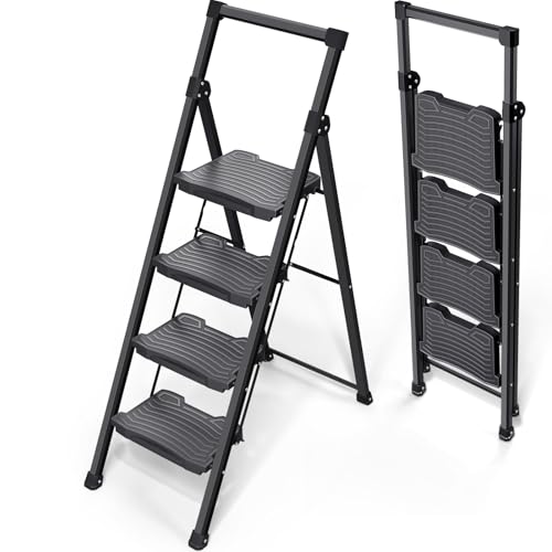 KINGRACK Step Ladder 4 Step Folding, 900lbs 4 Step Ladder with Anti-Slip Wide Pedal and Handrails, Lightwight Household Ladder, Pass 900LBS Testing, for Your Kitchen, Pantry, Closets, Office Use - size: 4-step with handrail