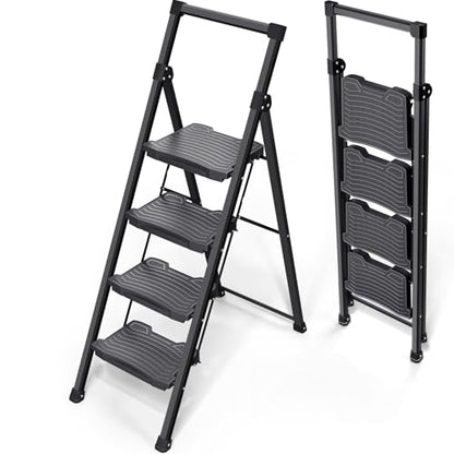 KINGRACK Step Ladder 4 Step Folding, 900lbs 4 Step Ladder with Anti-Slip Wide Pedal and Handrails, Lightwight Household Ladder, Pass 900LBS Testing, for Your Kitchen, Pantry, Closets, Office Use - size: 4-step with handrail