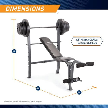 Marcy Standard Bench with 80lbs to 100 lbs Vinyl-Coated Weight Set for Strength Training Lifting for Home Gym - color: Black - 100 lbs