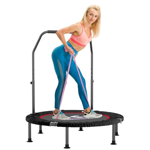40" Mini Flodable Spring Rebounder Trampoline for Adults, Small Exercise Trampoline for Indoor Workout and Fitness, Purple Resistance Band Included, Max Load 330 LBS