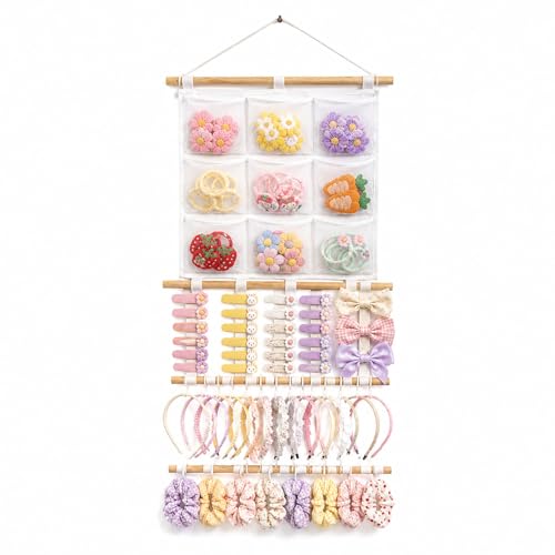 Headband Holder Hair Bows Organizer for Girls, 9 Mesh Pockets Wall Hanging Hair Accessories Organizer with Multiple Hooks, Large Capacity Storage Display for Hair Clips, Scrunchies, Nursery Room Decor