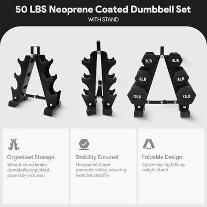 BalanceFrom Neoprene Coated Iron Dumbbell Hex Weights Set with Stand – Color-Coded or Black Options with Non-Slip Grip for Strength Training, Resistance Workouts, and Home Gym Fitness - style: 50LB Set