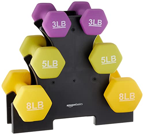 Amazon Basics Neoprene Dumbbell Hand Weights for Exercise and Muscle Toning - style: Rack with 3 Pairs (3, 5, and 8 Pound)