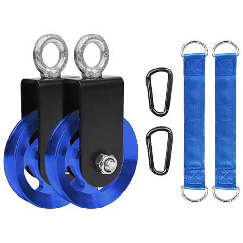 LFJ Aluminum Alloy Cable Pulley with Swing Strap Carabiner, 90mm Pulley Wheel for LAT Pulley System DIY Pull Down Attachment,Ladder Lift,Home Gym Equipment - color: Blue-2Pack