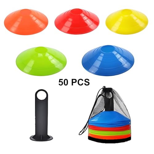 Soccer Cones (Set of 50), Agility Training Disc Cone with Carry Bag and Holder for Drilling Football Basketball Sports Field Markers,