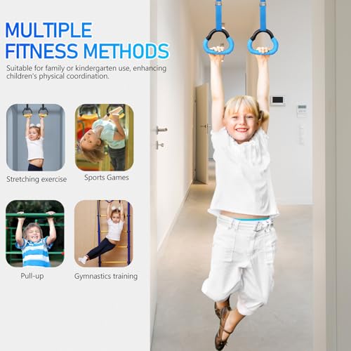 TEHAUX ’s Gymnastics Rings Set with Adjustable 1m Straps, Blue Cartoon Design Gym Equipment for Indoor Gymnastics and Strength Training