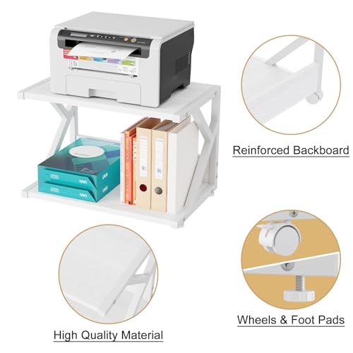 aboxoo Desktop Printer Stand with 2 Tier Wood Storage Shelves,Under Desk Printer Table,Multi-Purpose Home Office Desk Organizer for Fax Machine, Scanner (White) - color: White