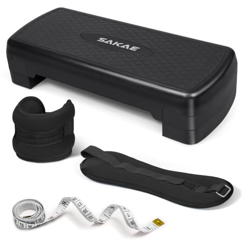 Adjustable Height Aerobic Stepper Set, Multiple Bundle Options with Dumbbells, Kettlebell, Waist Trimmer, Ankle Weights or Weighted Vest, Workout Exercise Step Platform w/Level Risers, 4 Colors - color: Black, size: c. W/ Ankle Weights
