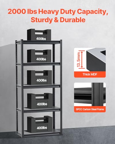 VEVOR Storage Shelves, 2000 lbs, 5 Tier Garage Storage Shelving, 16" D x 32" W x 72" H Adjustable Metal Shelves for Garage Shelves Utility Rack Shelf, Ideal for Kitchen, Warehouse, Basement, Black - size: 16" D x 32" W x 72" H