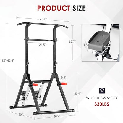 SogesPower Foldable Pull Up Bar Station Power Tower with Stair Stepper,Adjustable Free Standing Pull Up Dip Station for Home Gym,Multi-Function Strength Training Workout Equipment