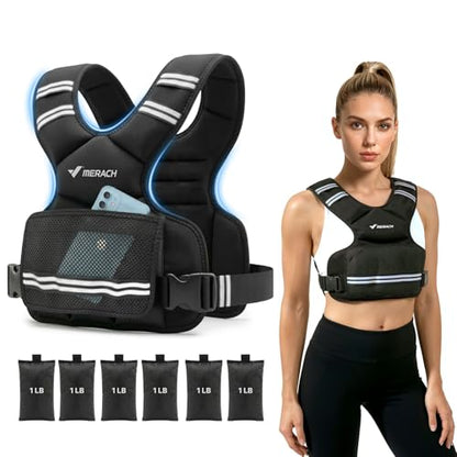 MERACH Weighted Vest for Women, Adjustable Weight Vest with Front Phone Pockets & Iron Sand Bags, Rucking Vest with Reflective Stripe for Strength Training, Walking, Running, Cardio, Home Workout