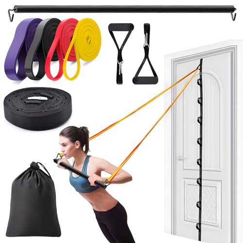 Door Anchor Strap for Resistance Bands Exercises, Multi Point Anchor Gym Attachment for Home Fitness, Portable Door Band Resistance Workout Equipment, Easy to Install, Punch-Free, Nail-Free - style: 9 pc set (Anchor + Bar + Bands Set)
