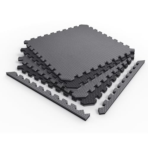 Reversible Exercise Mats 3/4" Thick EVA Interlocking Foam Tiles, Perfect Home Gym Flooring, 4 Tiles & 8 Trim Pieces, 16 Sq. Ft. 24"x24", Gray/Black