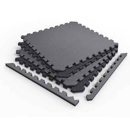 Reversible Exercise Mats 3/4" Thick EVA Interlocking Foam Tiles, Perfect Home Gym Flooring, 4 Tiles & 8 Trim Pieces, 16 Sq. Ft. 24"x24", Gray/Black