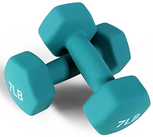 Fitvids Neoprene Dumbbell Hand Weights, Anti-Slip, Anti-roll, Hex Shape Colorful, Pair or Set with Stand - style: (7-Pound, Pair)