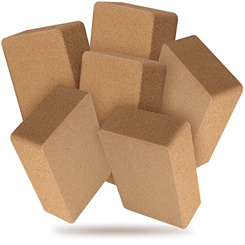 Junkin 6 Pack Cork Yoga Blocks, 9 x 6 x 3 Inches Non-slip & Anti-tilt Yoga Blocks for Supportive Stretching, Lightweight Gymnastic Cube Bricks for Exercise Pilates Workout Fitness Meditation Stability