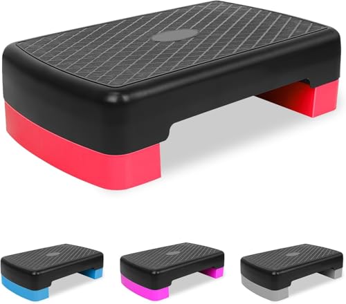 Adjustable Aerobic Step Platform, 18'' Adjustable Aerobics Stepper Workout Stepper 4'' - 6'' Exercise Stepper Workout with Adjustable 2-Level Risers, Aerobics Stepper for Home Gym Cardio Strength & Training - color: Red