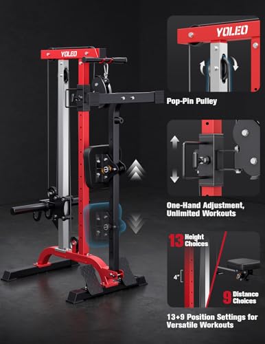 YOLEO 2-in-1 Adjustable Rowing Cable Machine & LAT Pulldown Station for Home Gym, Foldable Space Saver with 6 Attachments, Supports 450 Lbs Weight Plates