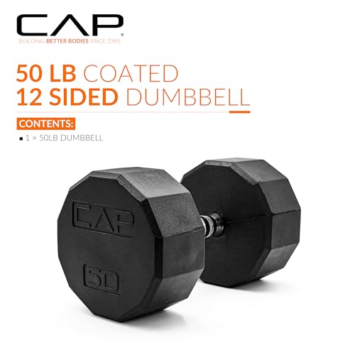 CAP Rubber Coated Dumbbell Weights, Free Weights for Home Gym Strength Training, Anti-Roll Hex Dumbbells with Black, Chrome & Comfort Grip Handles, Singles - size: 50 lb, style: 12-Sided - Chrome Handle