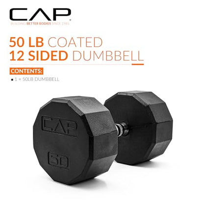 CAP Rubber Coated Dumbbell Weights, Free Weights for Home Gym Strength Training, Anti-Roll Hex Dumbbells with Black, Chrome & Comfort Grip Handles, Singles - size: 50 lb, style: 12-Sided - Chrome Handle