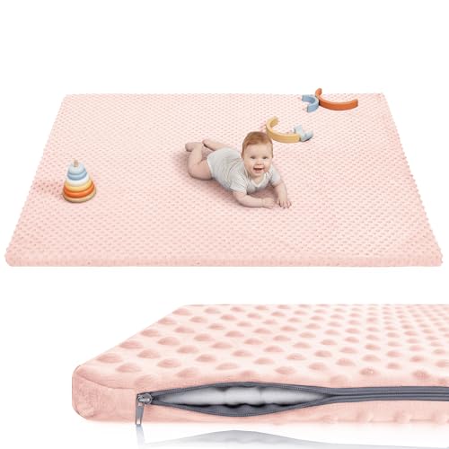 Huloo Sleep Baby Play Mat for Floor, Extra Thick 74x50 Inches Padded Mat with Ultra Soft 3D Minky Dot & Removable Washable Cover, Tummy Time Rug, Crawling Surface for Infant Toddler Kids (Pink) - color: Pink, size: 50"×74"×1.3"