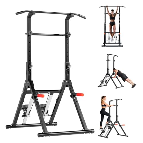 Power Tower Pull Up Station, soges Foldable Pull Up Bar Dip Station with Stair Stepper, Adjustable Free Standing Strength Training Equipment for Home Gym, Multi-Function Workout Tower
