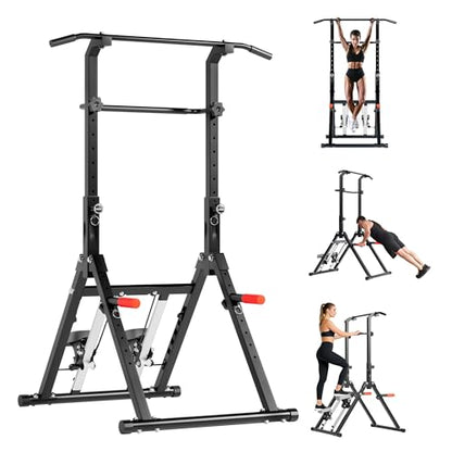 SogesPower Foldable Pull Up Bar Station Power Tower with Stair Stepper,Adjustable Free Standing Pull Up Dip Station for Home Gym,Multi-Function Strength Training Workout Equipment
