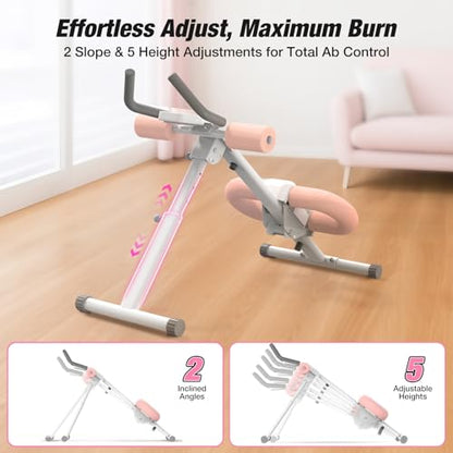 Ab Machine, Ab Workout Equipment, Adjustable Core & Ab Trainer Machine with Resistance Bands for Home Gym, Foldable, Knee Protection, Abdominal Exercise Equipment for Stomach Workout (Pink)