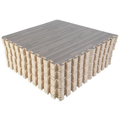 Foam Floor Tiles - 96sqft Wood Grain Interlocking Foam Tiles with Border - Foam Play Mat Playroom or Gym Flooring for Home Gym by Stalwart (Gray)