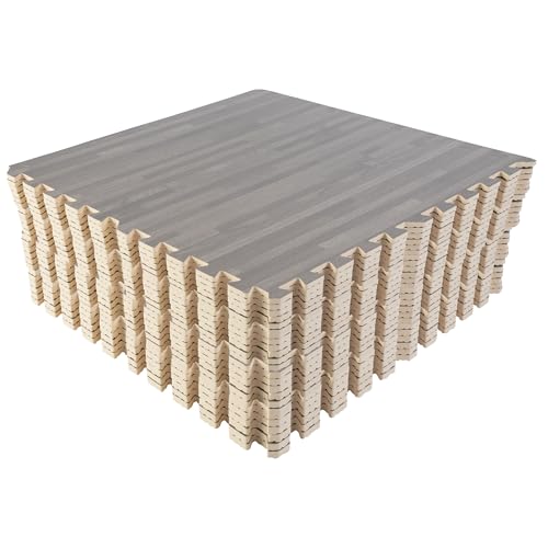 Foam Floor Tiles - 96sqft Wood Grain Interlocking Foam Tiles with Border - Foam Play Mat Playroom or Gym Flooring for Home Gym by Stalwart (Gray) - color: Gray Wood Grain, size: 24 Pack