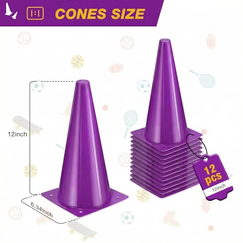 12 Inch Durable Cones,12pcs Versatile Plastic Traffic Cones and Soccer Cones for Sports Training,Agility Drills,Parking Safety,Basketball Training,Football Training.