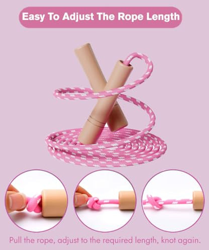Jump Rope for Kids - Wooden Handle - Adjustable Cotton Braided Fitness Skipping Rope for Toddler Fitness Workout Exercise Outdoor Activity